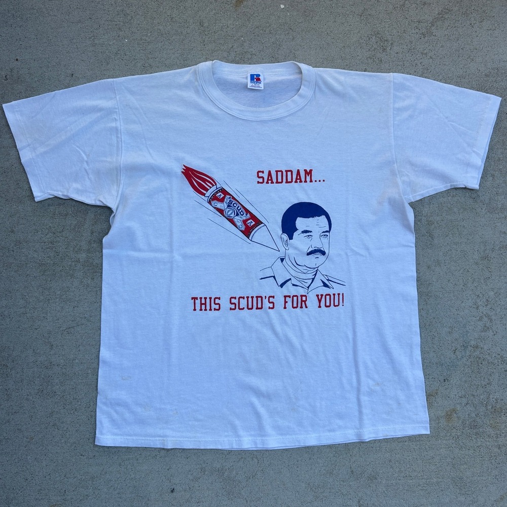 Vintage Saddam Political Tee Budweiser Missile Large White 90s RARE Russell
